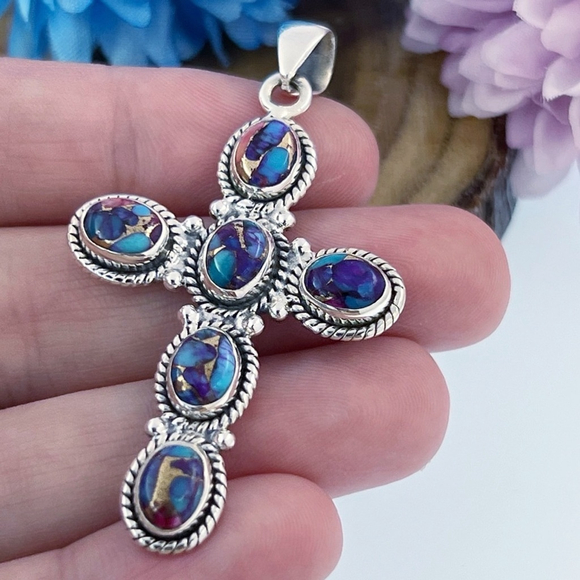 Southwestern Jewelry - 925 Sterling Silver Dahlia Turquoise Cross Pendant Blue Purple Southwest New